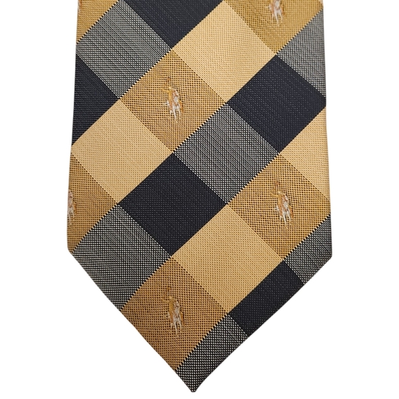 Valentino Chemises Tie Silk Gold Check Plaid Equestrian Classic Pointed Necktie - Picture 1 of 5